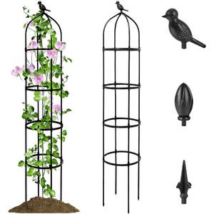 lot 19741 image: SORANGEUN 1 Pack Garden Obelisk Trellis for Climbing Plants Outdoor, 6FT Adjustable Metal Plant Support with 3 Decorative Tops, Black Rustproof Trellis for Roses, Tomatoes, Clematis & Vines - Retail $17