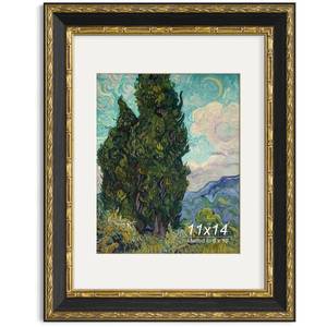 lot 19746 image: Yaetm 11x14 Vintage Picture Frame, Ornate Antique Gold 11x14 Frame with Real Glass, 1.4-inch Wide Molding, White Mat for 8x10 Photo - PortraitLandscape, Wall Mount (BlackGold, Single) - Retail $27