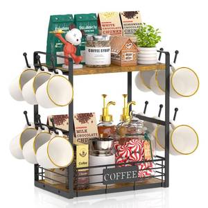 lot 19748 image: EsLuker.ly Coffee Mug Cup Holder Tree Bar Station Organizer, 2 Tier Mug Stand Rack for Countertop Kitchen, Storage Tower Display Shelf with 12 Hooks, Coffee Nook Enhancer, Vintage Brown Black - Retail $27