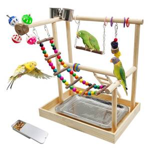 lot 19751 image: PINVNBY Bird Playground Parrot Playstand Play Gym Cockatiel Wood Bird Toys Birds Cage Accessories Playpen Ladder with Feeder Cups Hanging Swing Toys for Parakeet Conure Lovebird Cockatiel - Retail $34