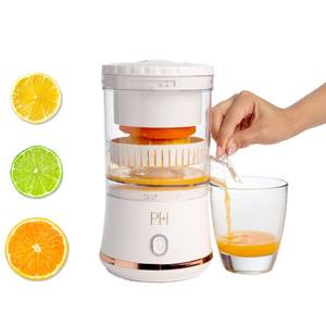lot 19754 image: Paris Hilton Electric Citrus Juicer, Mini Portable Cordless Juicer with USB Rechargeable Base, One-Touch Button, Compact Lemon, Lime and Orange Juicer, White - Retail $39