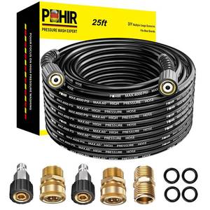 lot 19760 image: POHIR Pressue Washer Hose 25ft 4000PSI with Quick Connect M22 Fittings, 14 Inch M22 Kink Resistant Power Washing Replacement Hose, Lightweight Pressure Washer Extension Hose - Retail $30