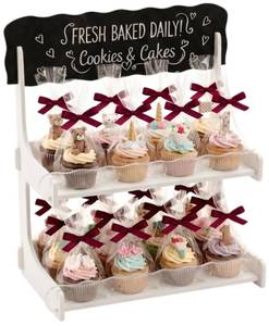 lot 25918 image: HOTCAN Cookie Display Stand for Bakers & Vendors with Acrylic Front  Wooden Dessert Stand with Chalkboard Sign for Market Booths, Craft Fairs & Events  2 Tiered Cookie Display for Cupcakes, Muffins & Pastries (White) - Retail $28