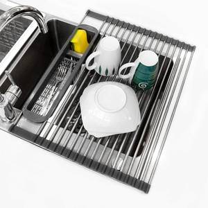 lot 25923 image: Dolreiik Roll Up Dish Drying Rack Over The Sink, 304 Stainless Stee Dish Drainer, Foldable & Adjustable Sink Drying Rack for Kitchen Sink Counter with Utensil Holder (Gray, Expandable)