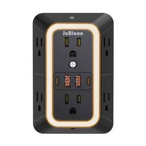 lot 25928 image: Wall Outlet Extender with Night Light, Power Plug Adapter 6 Outlet Extender with 4 USB Charging Ports 2 USB C,1050J Power Strip Multi Plug Adapter Spaced for Home Office Travel-Black-ETL - Retail $17