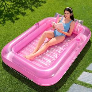 lot 25929 image: SLOOSH Inflatable Tanning Pool Lounger Float, 70 x 46 Pool Floats Adult with Pillow, 4 in 1 Suntan Tub Raft Floatie,Sunbathing Bed Lounge for Water Blow Up Kids Ball Pit Party Gifts, L-Pink - Retail $36