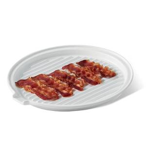 lot 25941 image: ONEMORE Microwave Bacon Tray Ceramic Bacon Cooker Meat Rack for Oven Cooking Crispy Bacon Maker - 11 inch Round Bacon Dish Plate, White - Retail $23