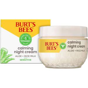 lot 25954 image: Burts Bees Calming Night Cream With Aloe and Rice Milk, Face Moisturizer For Sensitive Skin Infuses Skin With Moisture While You Sleep, 98.8 Percent Natural Origin Skin Care, 1.8 oz. Tub - Retail $16