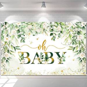 lot 25957 image: Avezano Greenery Boy Baby Shower Decorations Banner Floral Green Sage Oh Baby Backdrop Gold Glitter Greenery Leaves Gender Neutral Baby Shower Decorations (6x3.6ft) - Retail $10