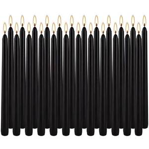 lot 28159 image: YOROXRG 24 Pack Black Taper Candles, 7-8 Hours Burn Time, Unscented, Smokeless and Dripless, 0.75 x 10 Inch Dinner Candle Set for Halloween, Household, Wedding, Party and Home D�cor Candlesticks - Retail $20