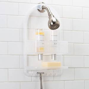 lot 28163 image: Bath Bliss Molded Shower Caddy  Bathroom Storage  Hangs Over Shower Head  6 Accessory Hooks  Holds Razors  Washcloths  Accessories  Suction Cup Stability  White