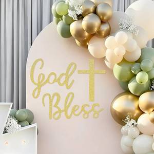 lot 28164 image: MASTRON God Bless Cross Sign for Backdrop - Glitter Gold Felt Cross God Bless Baptism Party Backdrop for Boys Girls Baby Shower First Communion Confirmation Bautizo Decorations - Retail $16
