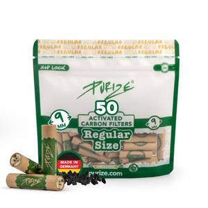 lot 28165 image: PURIZE� - Activated Charcoal Filter 50 Pieces Pack Regular Size 9mm in resealable Storage Bag - 50 Organic filtertips with Ceramic caps for Improved Airflow - Tips Ideal for longpapers - Retail $12