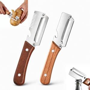 lot 28193 image: 2 PCS Multifunctional Vegetable Peelers for Kitchen, 2026 Upgraded Stainless Steel Peeler with Bottle Opener, Wooden Handle,Julienne Cutter, 2-in-1 Non-Slip Kitchen Tool for Potato, Carrot, Fruits - Retail $16