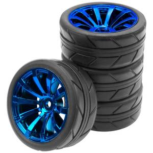 lot 28205 image: ShareGoo OD 2.55 Rubber Tires wPlastic Wheel Rims 12mm Hex Compatible with HSP Tamiya Kyosho Traxxas Sakura WLtoys 110 RC On Road Racing Touring Car (Blue) - Retail $13