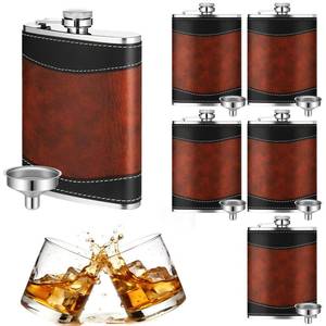 lot 28207 image: Hip Flasks for Liquor Leather Wrapped 8oz Heavy Duty Hip Flask with Funnel, Leak Proof Stainless Steel Drinking Flasks Bulk, Soft Wrap Whiskey Flask for Men Father Wedding not leather wrapped  6 peice  - Retail $20