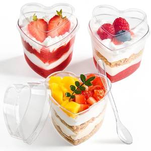 lot 28219 image: Qeirudu 50 Pack 5 oz Heart Shaped Dessert Cups with Lids and Spoons, Mini Plastic Parfait Cups Graduation Shooter Cups for Appetizer Mousse Pudding - Retail $14