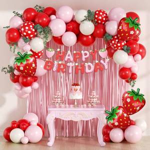 lot 28232 image: Strawberry Birthday Party Decorations with Pink Fringe Curtain Happy Birthday Banner Pink Red Sand White Balloons for Strawberry Themed 1st Baby Shower Party Decorations - Retail $13