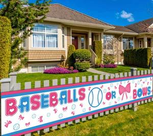 lot 28248 image: Colormoon Gender Reveal Party Supplies Decorations, Large Baseballs or Bows Banner, Pink & Blue Gender Reveal Party Decorations (9.8 x 1.5 feet) - Retail $10