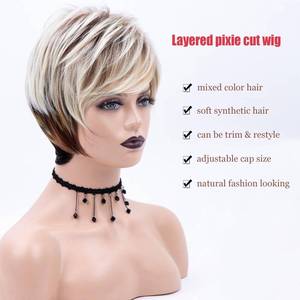 lot 28251 image: RENERSHOW Short Wigs for White Women Layered Brown Ombre Blonde Pixie Wig Synthetic Short Hair Wig with Bangs Mix Color Natural Looking Daily Party - Retail $24