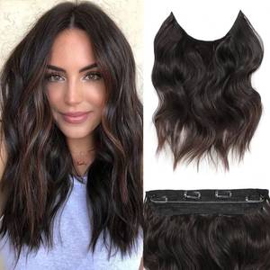 lot 28256 image: BUPPLER Halo Hair Extensions 12 Inch Invisible Wire Hair Extensions Adjustable Long Wavy Hairpiece Synthetic Upgrade 4 Secure Clips in Hairpieces 12 Inch,Jet Black to Brown - Retail $18