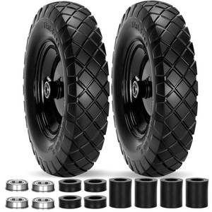 lot 62236 image: Pontuss Upgraded 16 Flat Free Wheelbarrow Wheels and Tires, 4.804.00-8 Solid Tires with 58 & 34 Bearings,14-16 Universal Fit Wheelbarrow Wheels for WheelbarrowsGarden Trailer - Retail $68