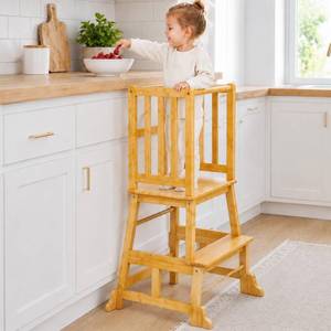 lot 62238 image: COSYLAND Toddler Standing Tower - Wooden Kitchen Step Stool Helper for Kids - Kitchen Tower with Anti-Tip Support Legs for Kitchen and Bathroom (Natural) - Retail $214