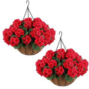 lot 62240 image: Hananona 2 Set Artificial Red Geraniums Flowers for Outdoors with Hanging Baskets, 2 Hanging Planters with 12 Pcs Red Geranium Flowers for Christmas Front Porch Garden Patio Home Decor (2, Red) - Retail $45