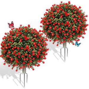 lot 62243 image: 2 Pack Artificial Boxwood Topiary Ball Trees, 21.6 Fake Plants for Outdoor Indoor Artificial Shrubs with Ground Spike, UV Resistant Fake Bushes for Front Porch Patio Garden (Red Rose Flowers) - Retail $50