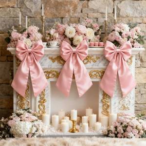 lot 18376 image: Big Pink Bow Coquette Room Decor, 23x11 Inch Satin Bows Large Pastel Pink Bows Birthday Decorations as Crib Skirt for Christmas Tree Topper Girl Room Xmas Gift Wrapping Bachelorette Baby Shower (2pcs) - Retail $23
