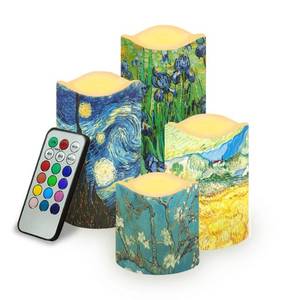 lot 18391 image: Ystardream Van Gogh Starry Night Flameless Candles Plastic Moving Flickering LED Candles with Remote Color Changing & Timer,4 Packs - Retail $30