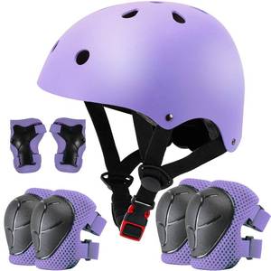 lot 18395 image: ZLEIOUY Kids Helmet Set Skateboard Knee Pads, Adjustable Kids Bike Helmet Protective Gear Set for Girls Kids 3-14 Helmet Elbow Pads Wrist Guards for Sport Cycling Bike Roller Skating Scooter, purple - Retail $35