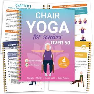 lot 18414 image: Chair Yoga for Seniors Over 60 Book and Chart, 30 Poses with Video Guide, Spiral Bound, Large Print, 30-Day Laminated Chart, Seated Exercises for Weight Loss, Flexibility, Gift for Women and Men - Retail $9