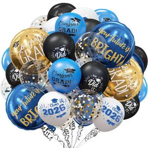 lot 18426 image: GuassLee Graduation Blue and Gold Balloons 2026 - Grad Latex Confetti Balloons with Congrats Grad Foil Balloons for Graduation Party Decorations Supplies, 60Pcs - Retail $7