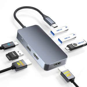 lot 18428 image: Docking Station Dual Monitor for DellHPMac Laptops, 7 IN 1 USB C to Dual HDMI Adapter Multiport Hub with 24K HD, 3USB-AUSB-C Data Port, 100W PD, HDTV Splitter for Dual Monitors Extended Display - Retail $23