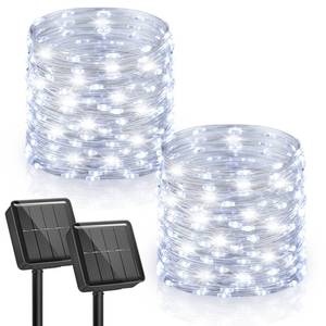 lot 18429 image: Minetom 2 Pack Solar String Lights, Total 66Ft 200 LED Solar Fairy Lights Outdoor Waterproof, 8 Modes Firefly Starry Moon Twinkle Lights for Yard Garden Patio Tree DIY Crafts Wedding Party(Cool White) - Retail $15