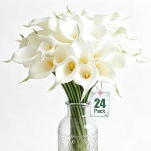 lot 18458 image: HCTCPALS Artificial Flowers for Outdoors 24 Pcs CallaLily Plant Realistic Silk Fake Flowers for UV Resistant Faux Plants Outdoor Indoor Outside Front Porch Hanging Planter Decoration-13.5 WhiteYellow - Retail $16