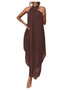 lot 18461 image: Verdusa Womens Wedding Guest Dress Halter Flowy Chiffon Asymmetrical Long Summer Prom Dress Brown Large small stain  on front - Retail $50