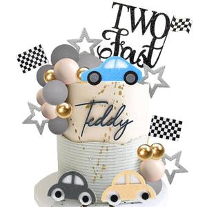 lot 18466 image: Two Fast Cake Toppers Race Car 2nd Birthday Cake Decorations for Racing Car Checkered Flag Birthday Anniversary Party Decorations Supplies (01) - Retail $7