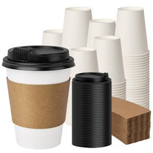 lot 19769 image: PACKINNO 12 oz 100 Pack Disposable Coffee Cups with Lids and Sleeves, Coffee Paper Cups with Lids, To Go Beverage Drinking Cup for Coffee, Tea - Retail $20