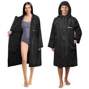 lot 19790 image: SUN CUBE Swim Parka Men Women, Unisex Hooded Changing Robe with Water Resistant Shell and Warm Fleece Lining for Swimming, Surfing, Triathlon, Water Sports, Black - Retail $50