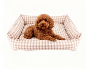 lot 19793 image: Cute Gingham Dog Bed for Small Dogs with Removable Cover All-Season Washable Plaid Dog Lounger for Pups (Beige Bed, X-Large) - Retail $48