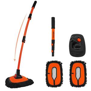 lot 25974 image: YeewayVeh Car Wash Brush, 43 Extendable Car Wash Brush Mop with Long Handle, 15 Degree Curved Soft Car Washing Brushes with Extra Microfiber Brush Head for Truck SUV Cleaning, Orange - Retail $27