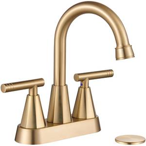 lot 25980 image: Cobbe Brushed Gold Bathroom Faucets, 4-Inch Bathroom Sink Faucet, 2 Handle Sink Faucet with Pop Up Drain and Water Supply Lines, Gold - Retail $35