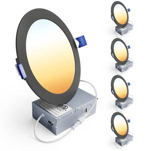 lot 25994 image: Ensenior 4 Pack 6 Inch LED Recessed Light, Dimmable, 2700K-5000K 5CCT, 1200LM High Brightness, 12W 120V, Damp Rated, Ultra-Thin Canless Wafer Light, Black - ETL & FCC & IC - Retail $50