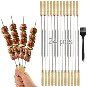 lot 25995 image: WRENYZK 24 Pcs Barbecue Skewers with Wooden Handles, Kabob Skewers for Grilling, 15.75 Stainless Steel BBQ Skewer with Basting Brush, Kabob Skewers Skewer Sticks for Camping or family - Retail $14