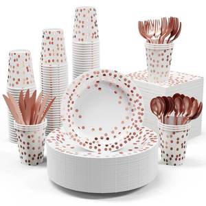 lot 25998 image: White and Rose Gold Party Supplies - 350 PCS Disposable Dinnerware Set - White Paper Plates Napkins Cups, Gold Plastic Forks Knives Spoon for Graduation, Birthday, Thanksgiving, Cocktail Party - Retail $29