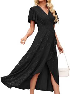 lot 26002 image: Formal Dresses for Women,Gowns Evening Party Cocktail Dress,Long Split Elegant V Neck Wrap Ruffle Wedding Guest A-line Dresses Glitter - Black-XL - Retail $65
