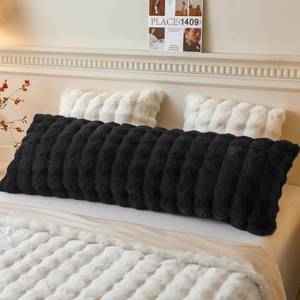 lot 26008 image: LIFEREVO Fluffy Faux Rabbit Fur Body Pillow Cover, Luxury Bubble Waffle Shaggy Plush Bed Body Pillowcase with Zipper Closure, Long 20x54 Fuzzy Furry Pillow Case for Adults Kids Girls Teens, Black - Retail $20