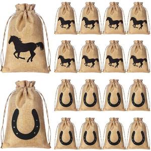 lot 43354 image: Vincreem 16 Pieces Western Horse Gift Bags Cowboy Party Favor Bags with Drawstring Reusable Treat Goodie Candy Sackpacks Horsehead and Horseshoe Pattern for Cowboy Birthday Party Favor(5x7 Inch) - Retail $13